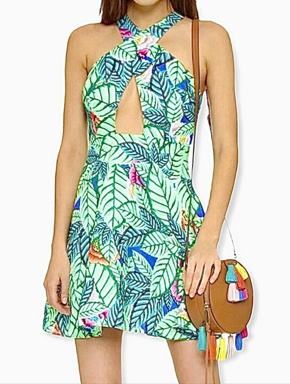 Mara Hoffman Green Leaf Print Mini Dress with Bright Blue Cutout 100% Linen